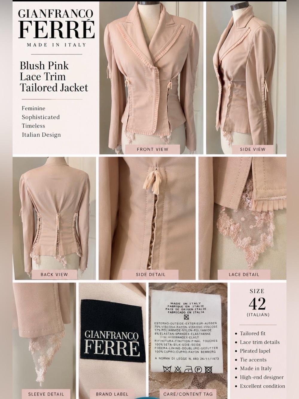 Gianfranco Ferre Blush Pink Lace-Trim Tailored Blazer
